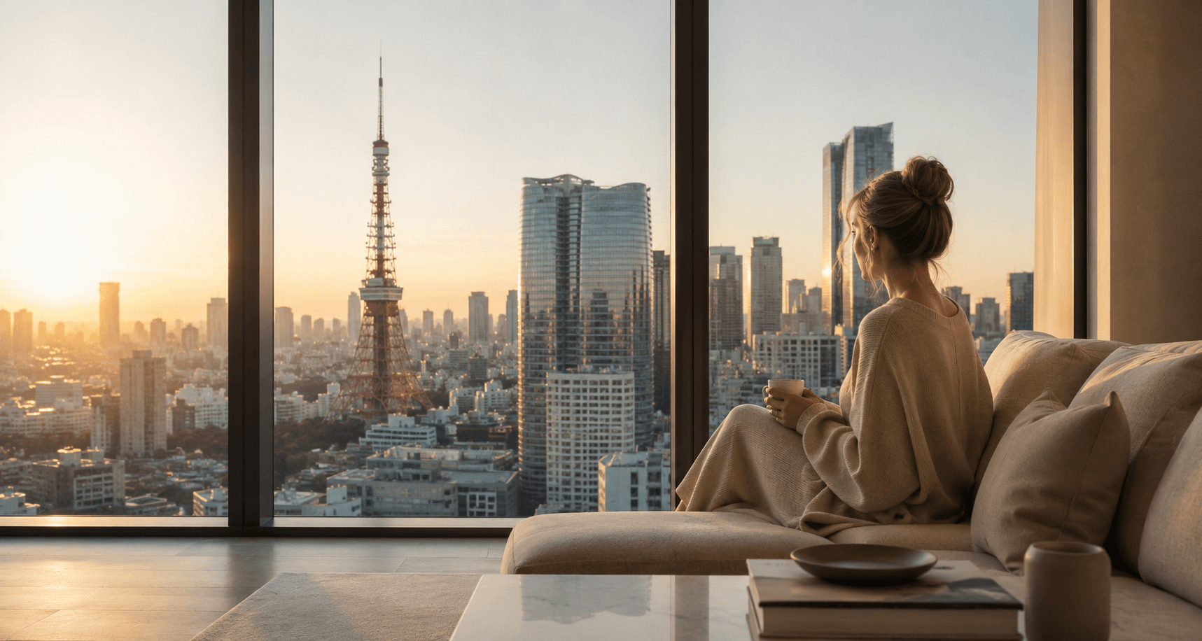 Tokyo Tower at golden hour viewed from a minimalist residence, with a woman seated by the window